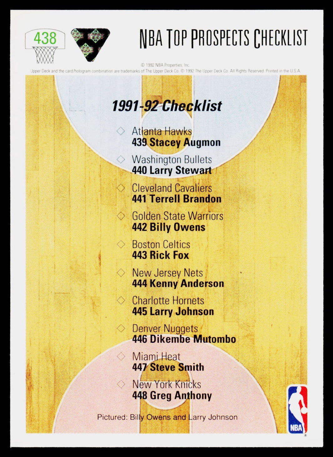 1991 Upper Deck #438 NBA Top Prospects Checklist (Billy Owens / Larry Johnson)