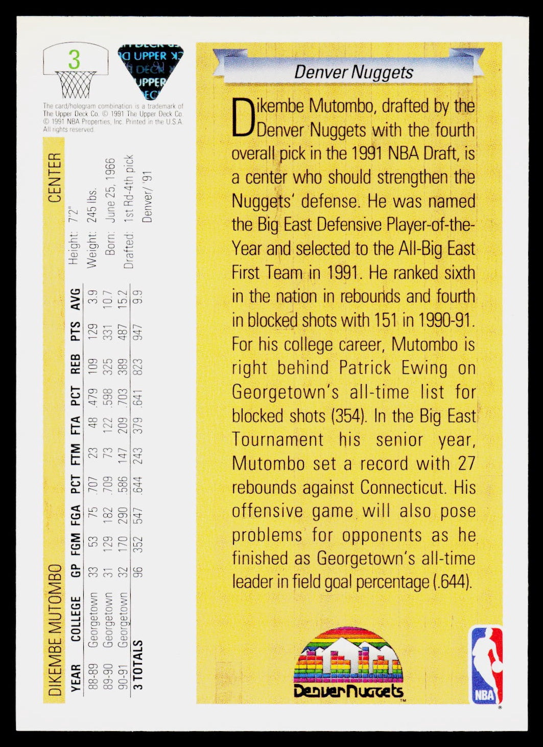 1991-92 Upper Deck #3 Dikembe Mutombo
