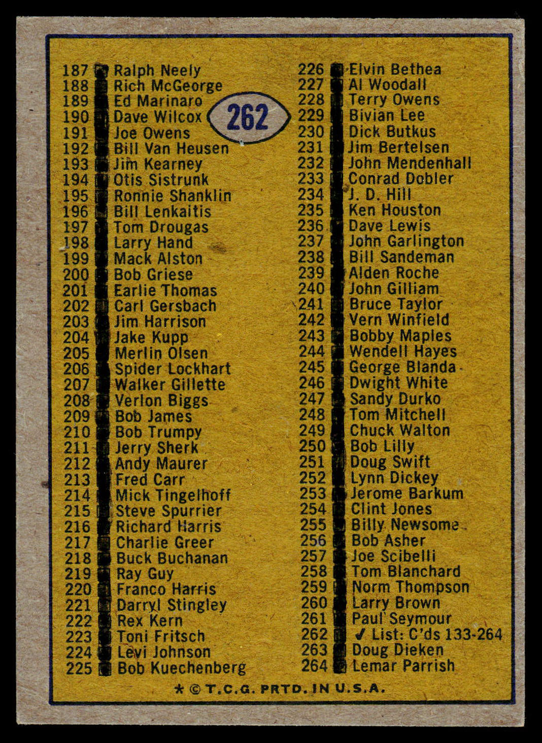 1974 Topps #262 Checklist: 133-264