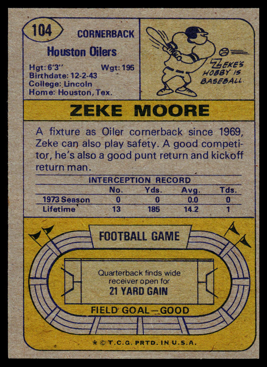 1974 Topps #104 Zeke Moore