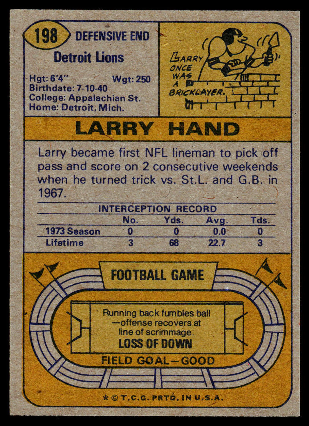 1974 Topps #198 Larry Hand