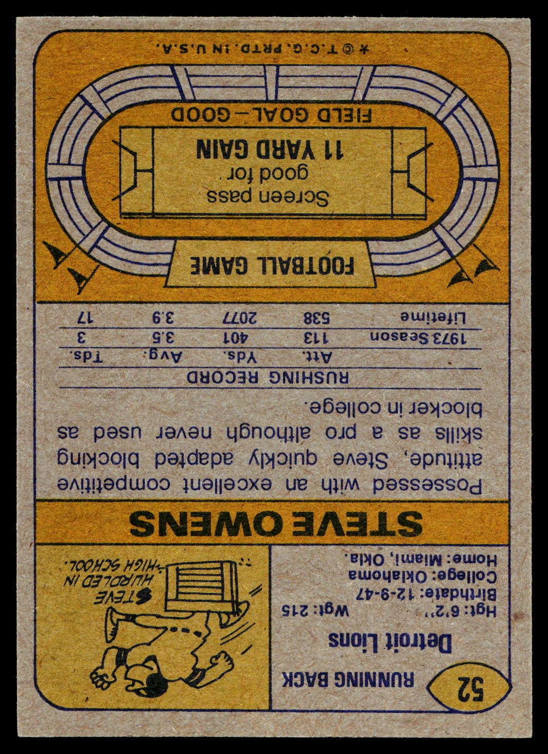 1974 Topps Parker Brothers Pro Draft #52 Steve Owens