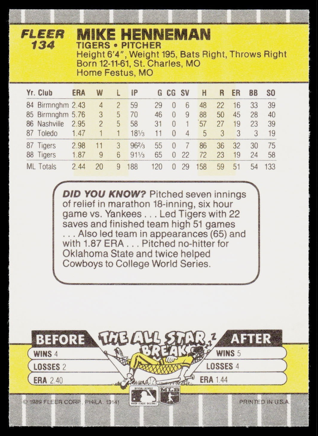 1989 Fleer #134 Mike Henneman