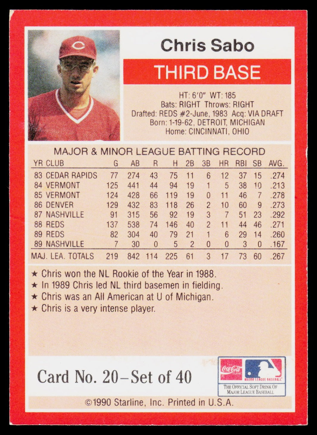 1990 Starline Long John Silver #20 Chris Sabo