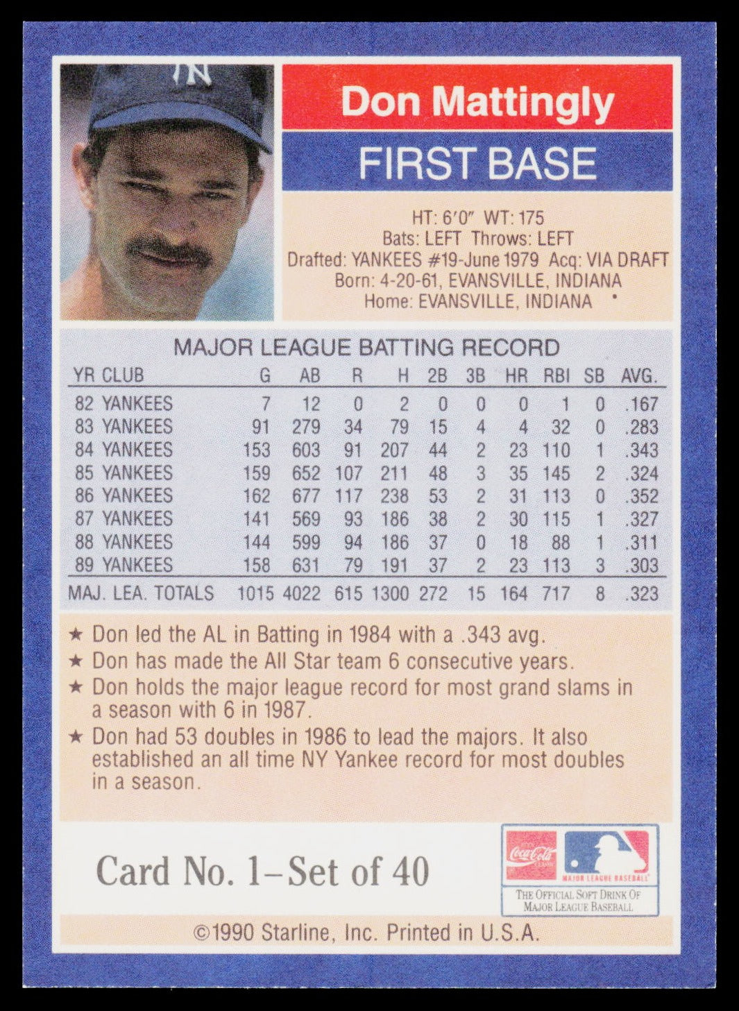 1990 Starline Long John Silver #1 Don Mattingly