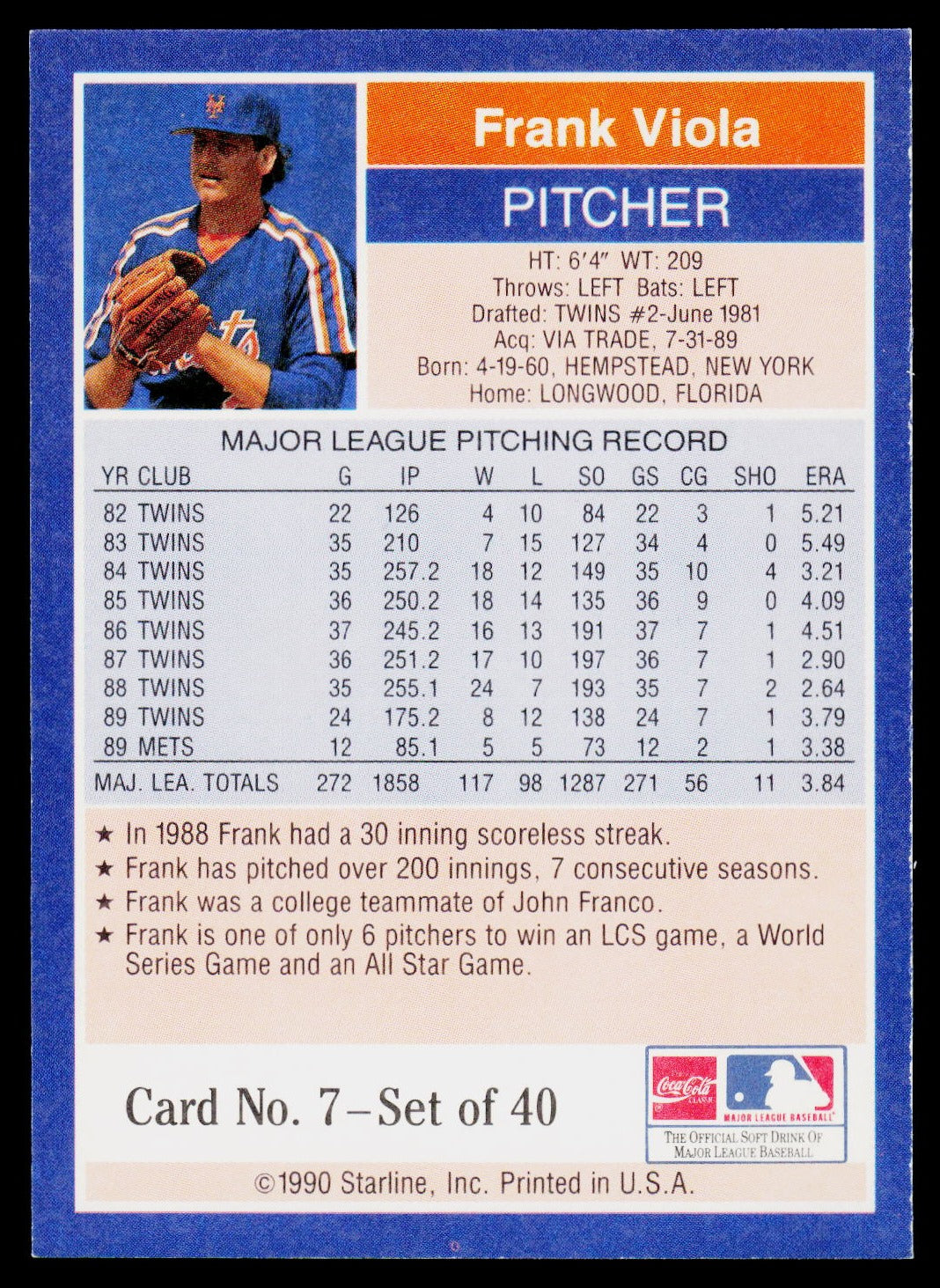 1990 Starline Long John Silver #7 Frank Viola