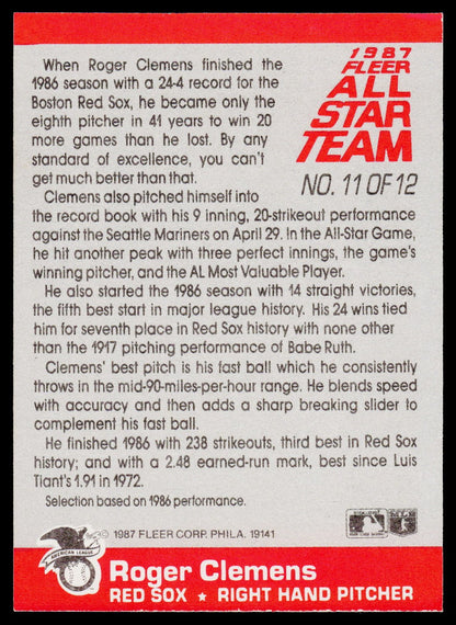 1987 Fleer #11 Roger Clemens Fleer All Star Team