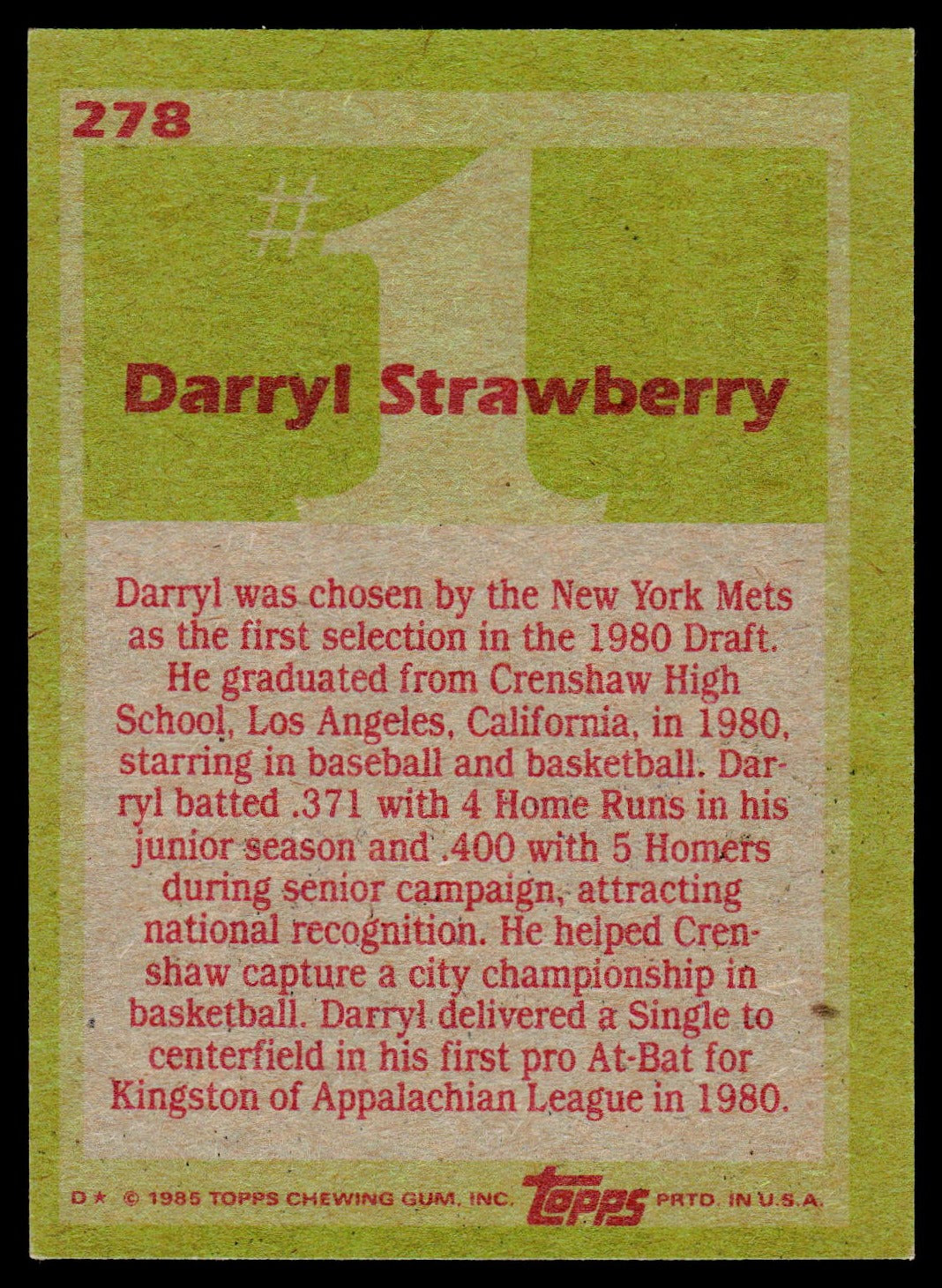 1985 Topps #278 Darryl Strawberry
