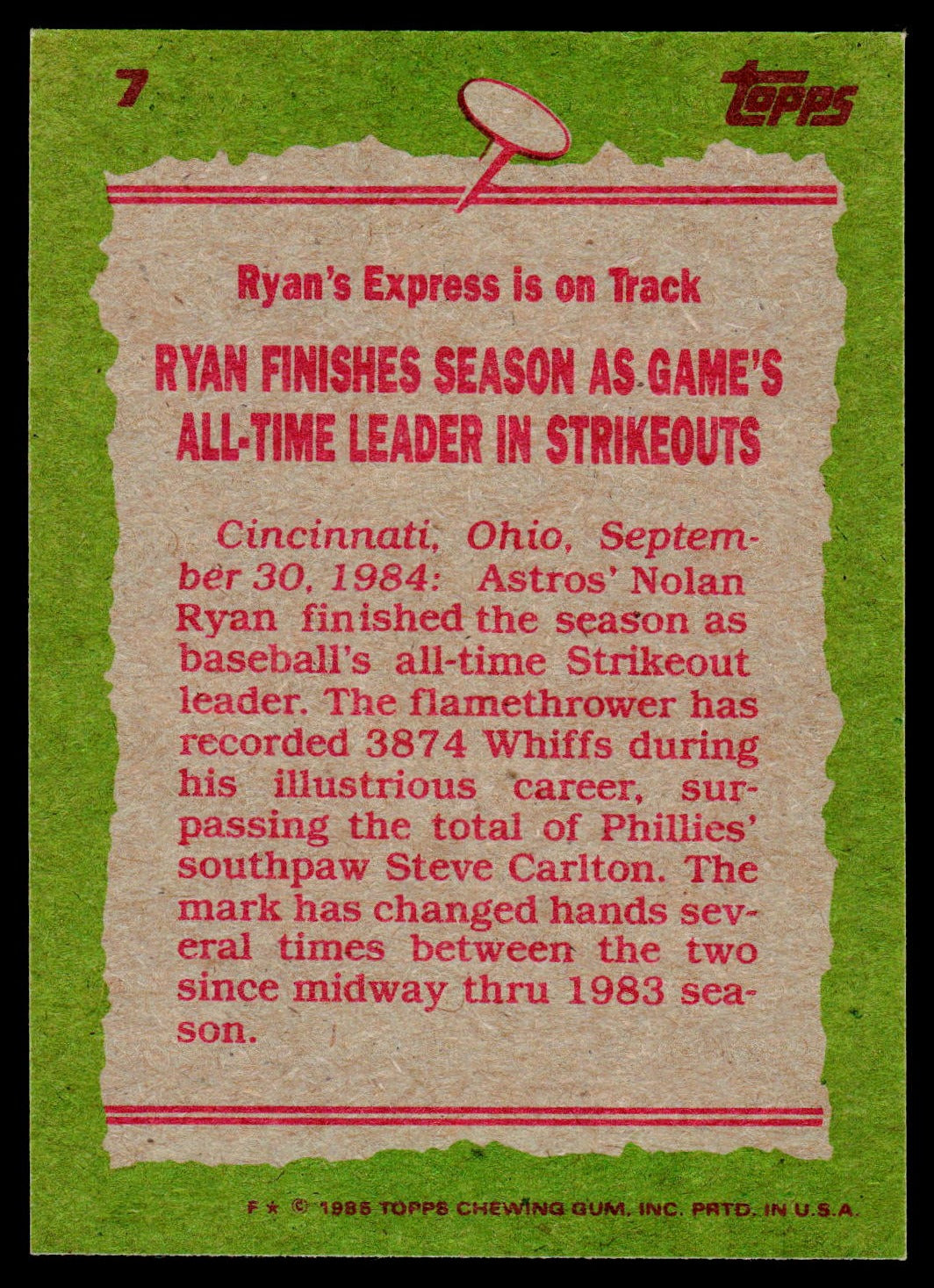 1985 Topps #7 Nolan Ryan