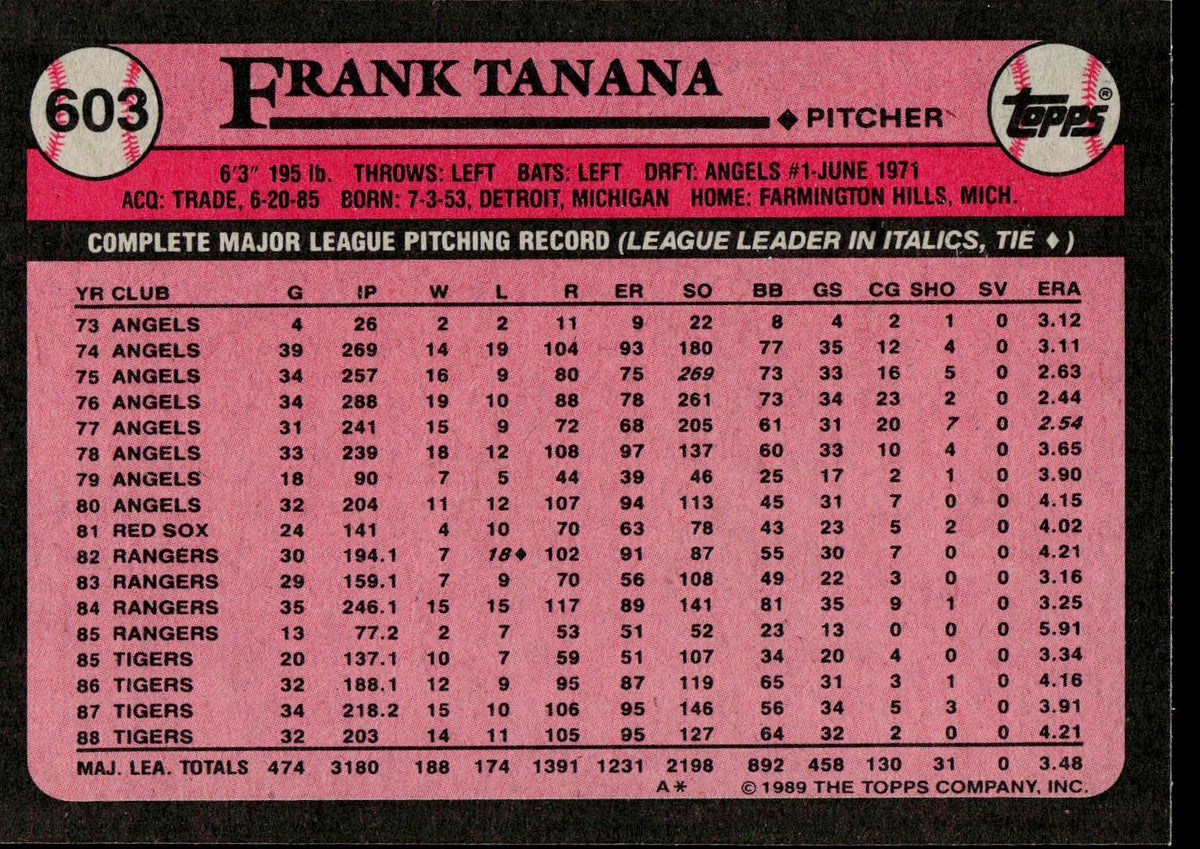 1989 Topps #603 Frank Tanana
