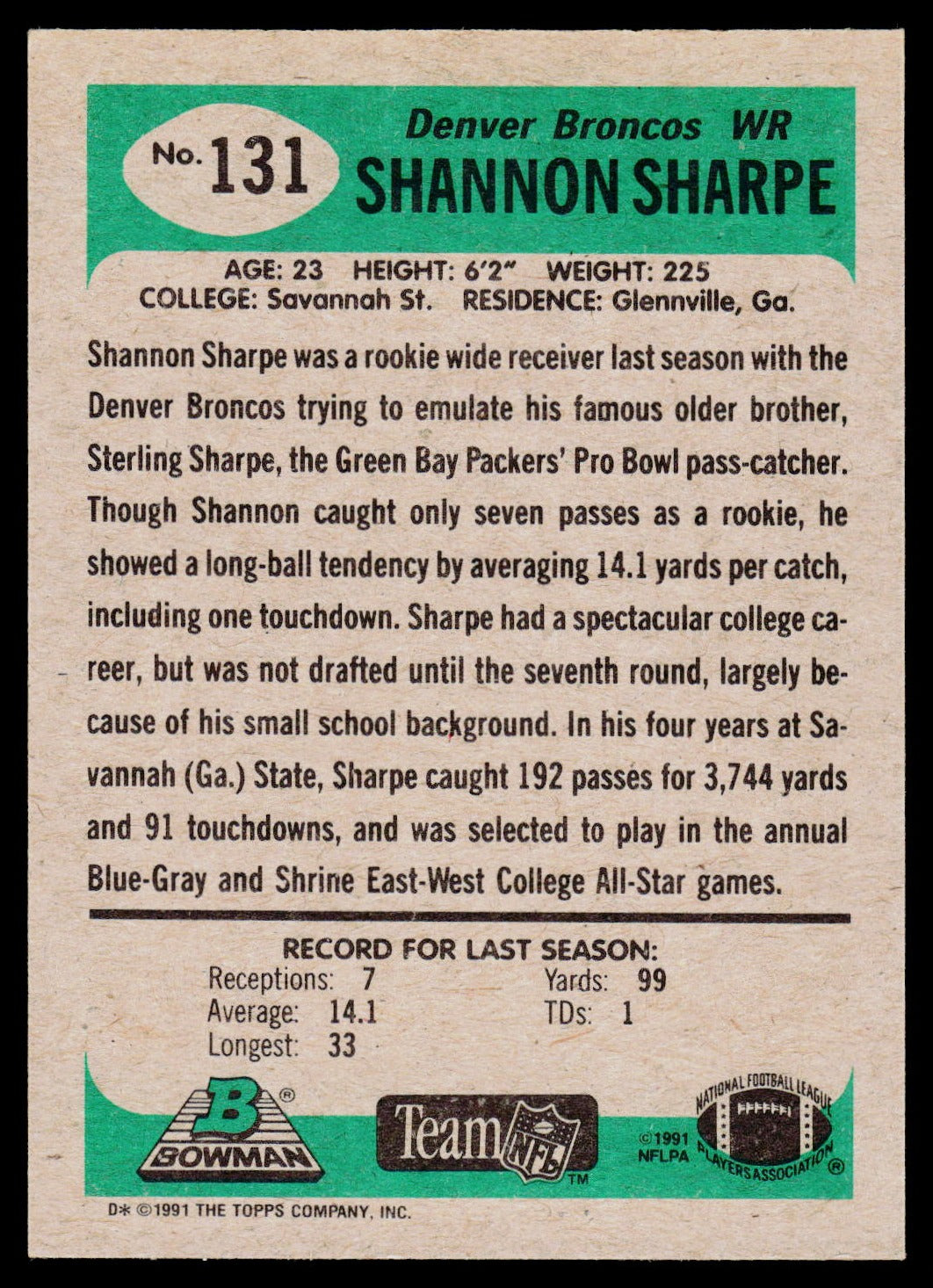 1991 Bowman #131 Shannon Sharpe