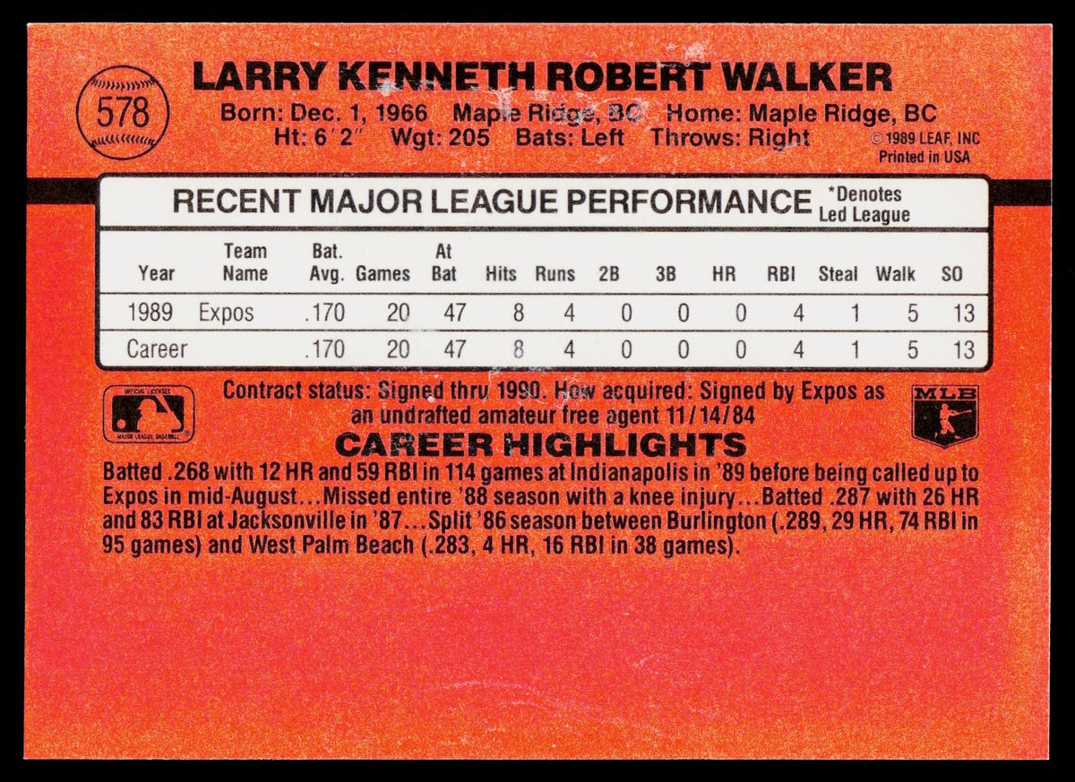 1990 Donruss #578 Larry Walker