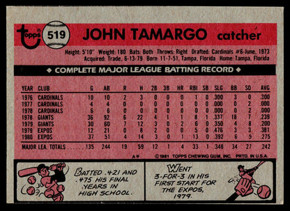 1981 Topps #519 John Tamargo