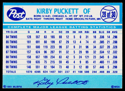 1991 Post Cereal #28 Kirby Puckett