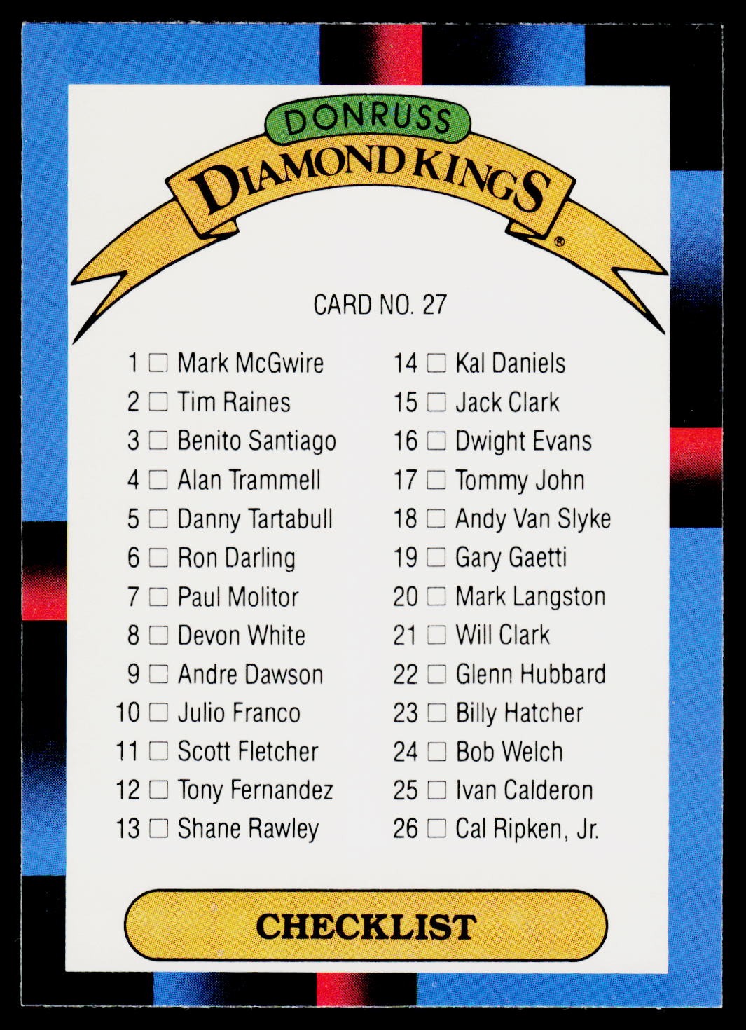 1987 Donruss #27 Diamond Kings Checklist 1-26