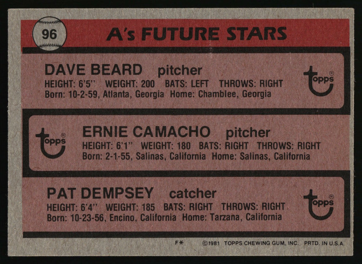 1981 Topps #96 A's Future Stars (Dave Beard / Ernie Camacho / Pat Dempsey)