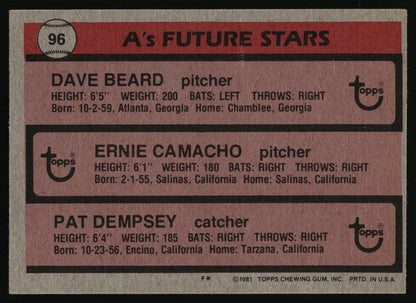 1981 Topps #96 A's Future Stars (Dave Beard / Ernie Camacho / Pat Dempsey)