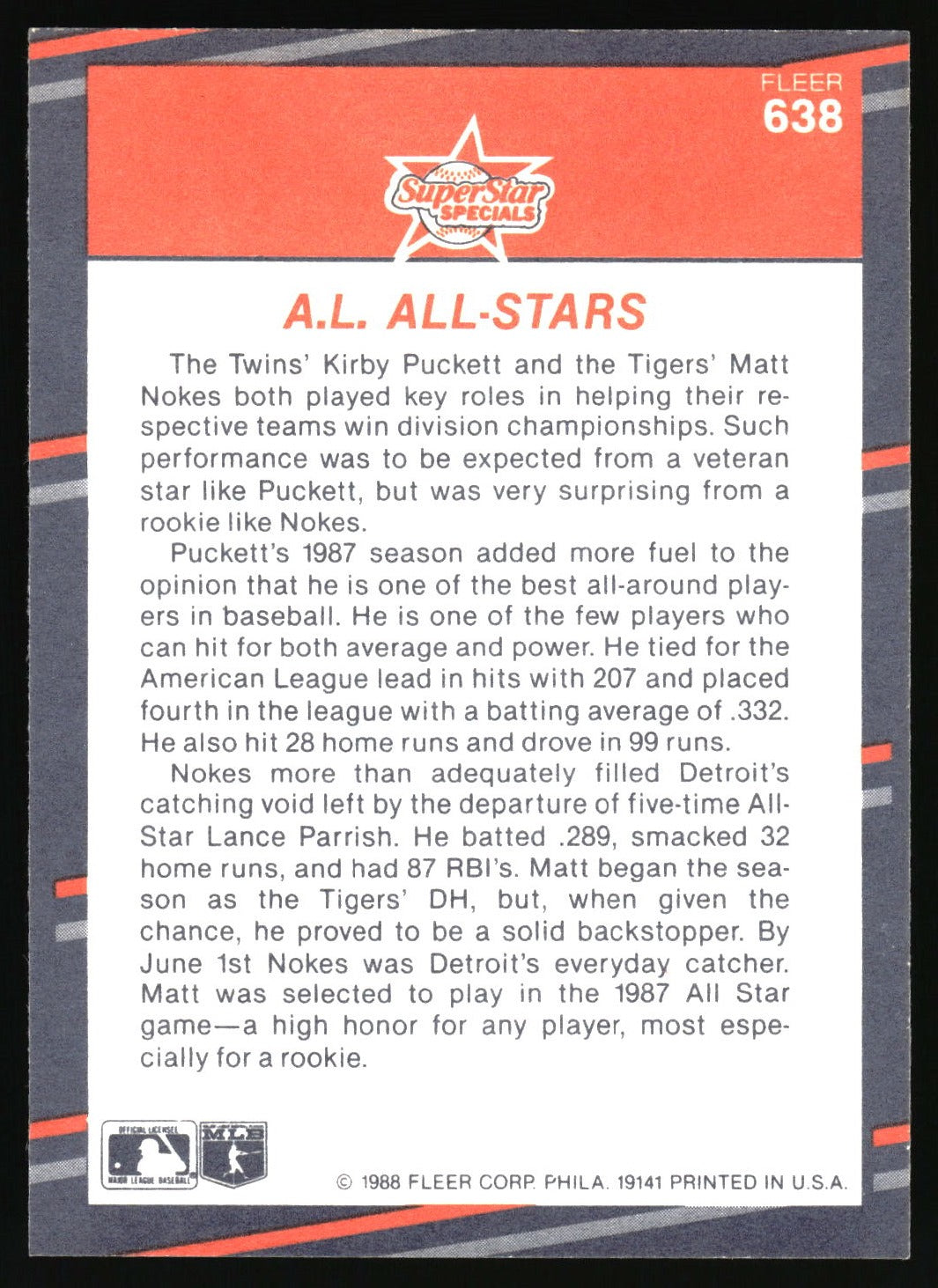 1988 Fleer #638 A.L. All Stars (Matt Nokes / Kirby Puckett)