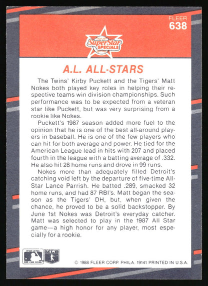 1988 Fleer #638 A.L. All Stars (Matt Nokes / Kirby Puckett)