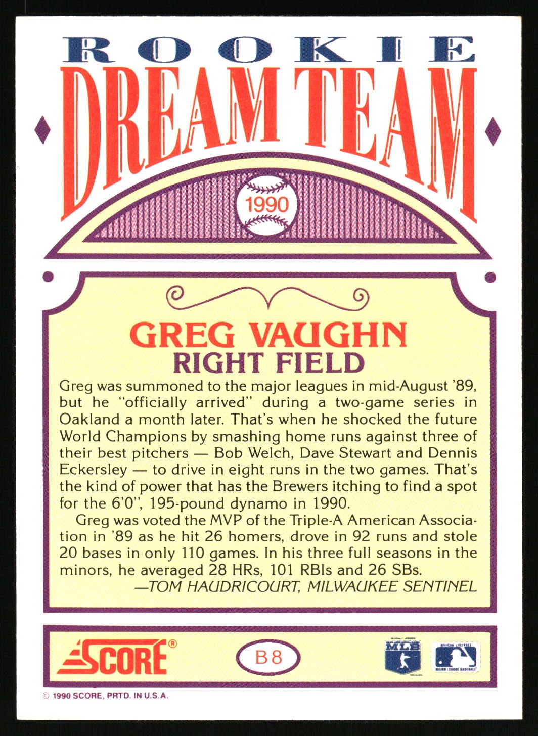 1990 Score #B8 Greg Vaughn Rookie Dream Team