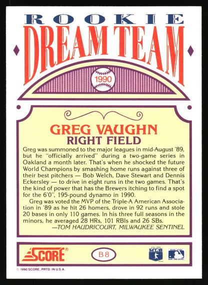 1990 Score #B8 Greg Vaughn Rookie Dream Team