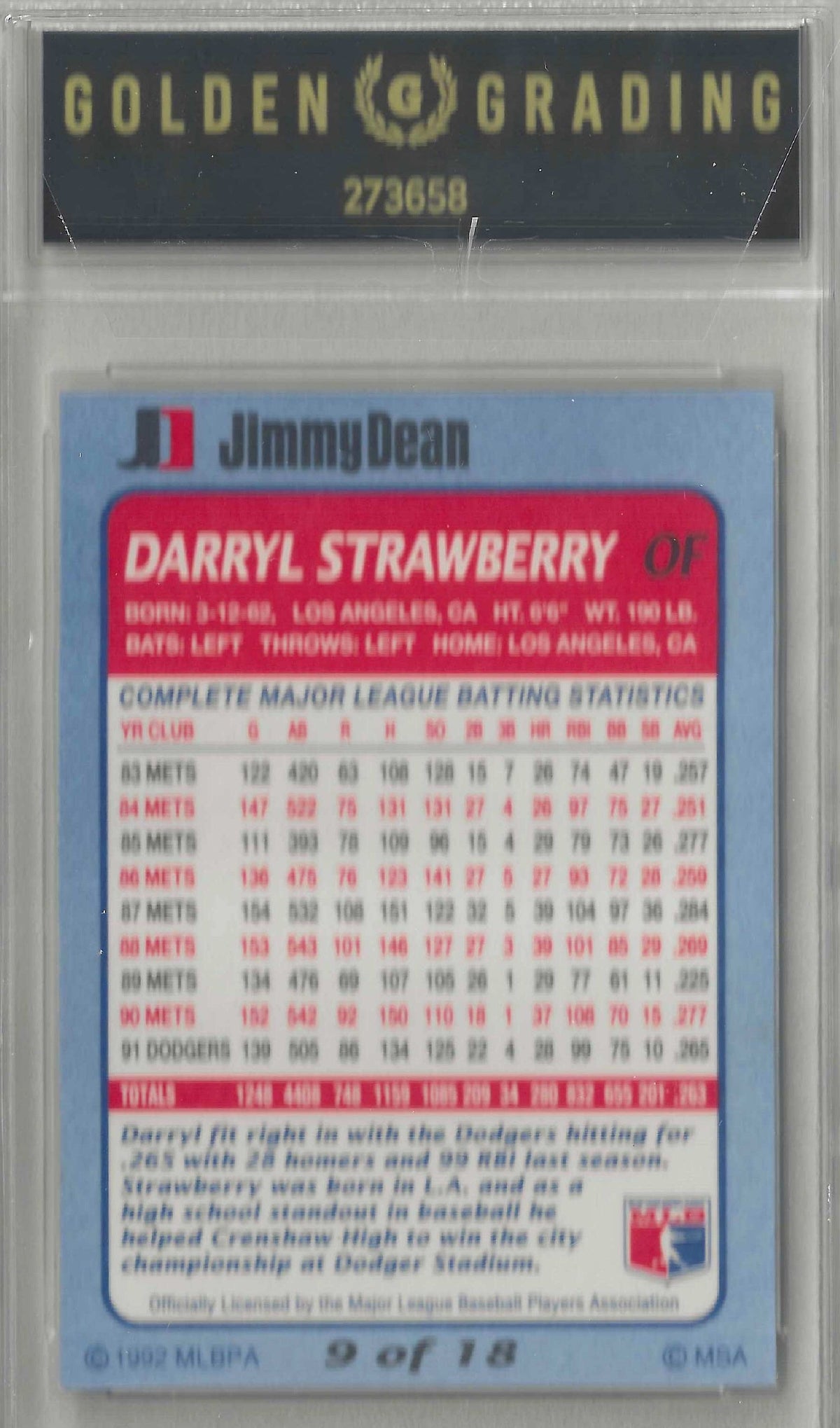 1992 Jimmy Dean #9 Darryl Strawberry