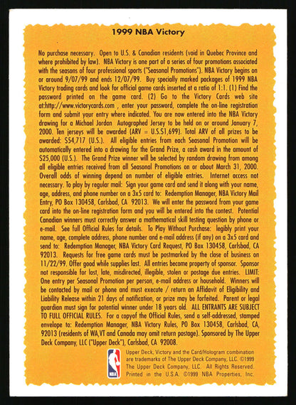 Back of a 1999 NBA Victory collectible card, featuring a large tan parchment-style box with black text detailing eligibility, prize money, and submission instructions, with the NBA logo at the top and sponsor logos at the bottom.