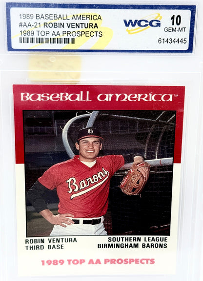 A graded 1989 Baseball America Robin Ventura card in a clear plastic PSA-style holder. The card features Robin Ventura in a red Birmingham Barons uniform, with a red header and white text.