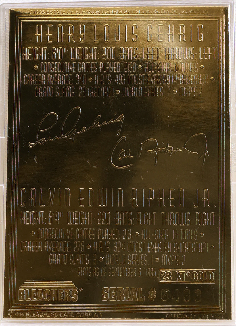 A collectible 23 karat gold Henry Louis Gerrig and Calvin Edwin Ripken Jr. baseball plaque inside a clear protective plastic case, photographed against a white background.