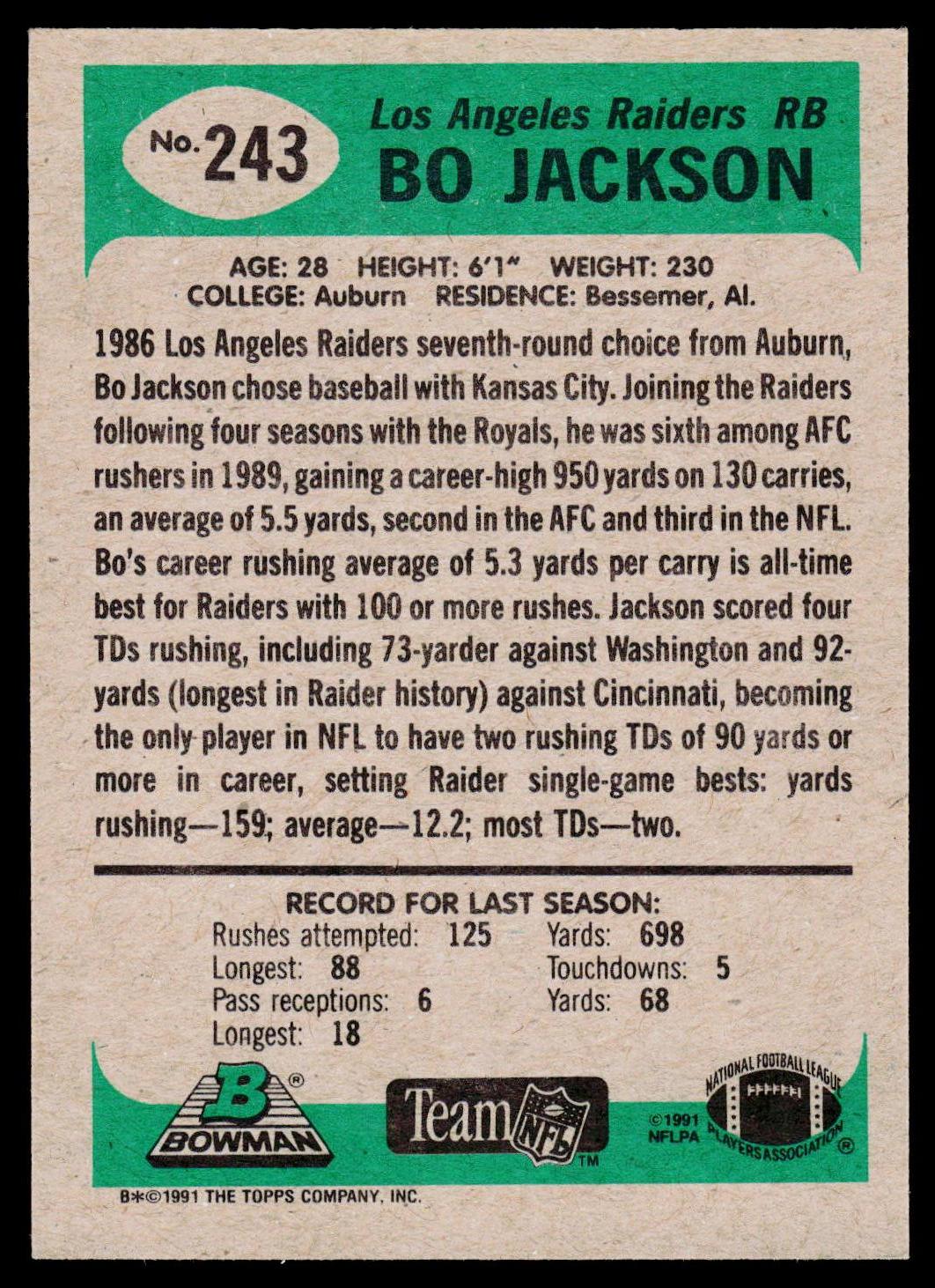 Back of a 1991 Bowman football trading card for Bo Jackson, showing his Los Angeles Raiders career statistics and profile information on a beige background with green and white panels.