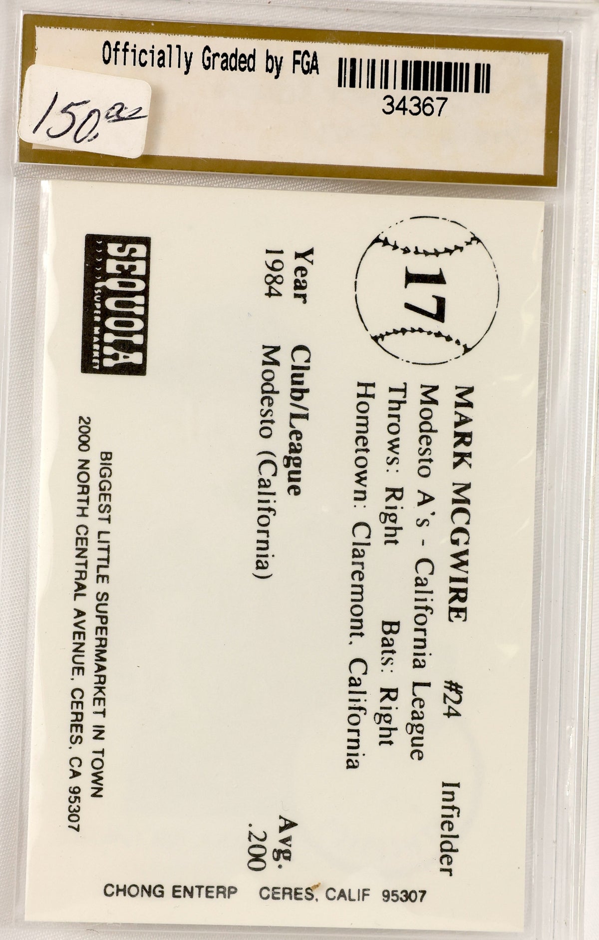 A collectible baseball card graded and encapsulated by FGA . The card is for Mark McGuire, a pitcher for the 1984 California League, and is sealed inside a clear protective plastic holder.