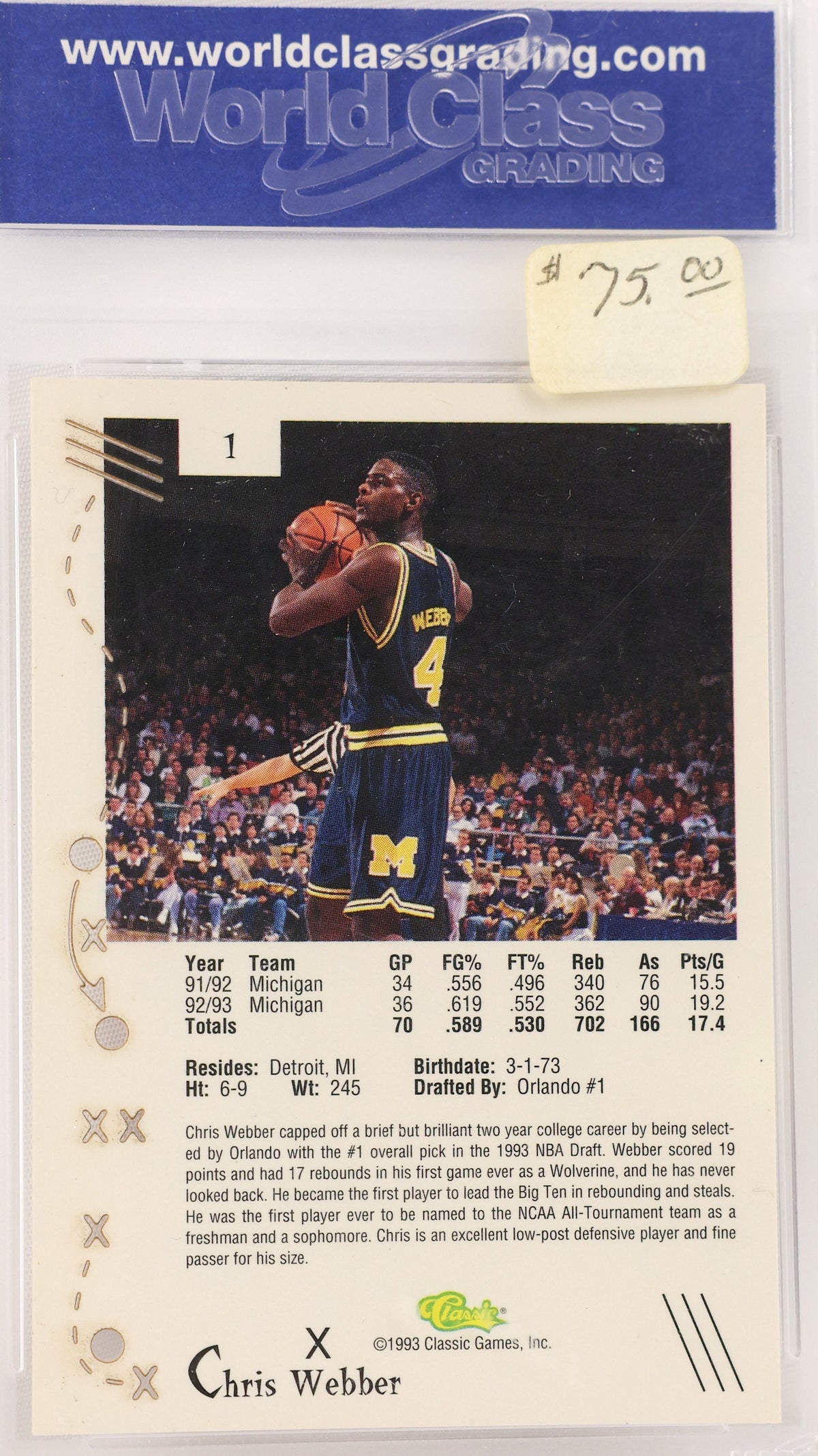 A Chris Webber basketball trading card from the 1993-94 season, graded and encapsulated by World Class Grading. The card features a photo of Webber in a Michigan State Blue Raiders uniform, with player statistics and bios below the action shot.