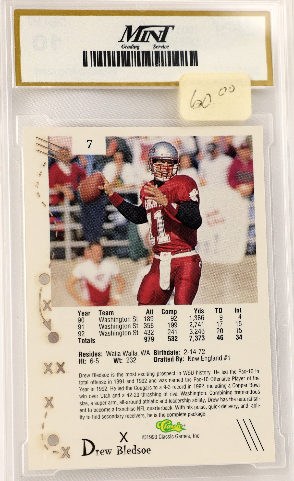 A 1993 Classic trading card of Drew Bledsoe, number 7, graded and encapsulated by MINT Sports. The card features a photo of Bledsoe in a red and black Philadelphia Eagles uniform, with team statistics printed below.