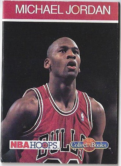 A vintage Michael Jordan basketball trading card featuring a portrait of Jordan in a red Chicago Bulls jersey against a dark background, with a red header reading 'MICHAEL JORDAN' and NBA Hoops / Collecta Books logos at the bottom.