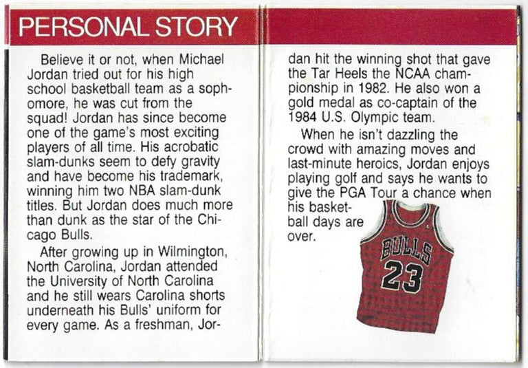 A vintage printed card or booklet page titled 'PERSONAL STORY' with black text on a white background and a red header. The right side shows a small red-and-black Bulls jersey graphic with the number 23.