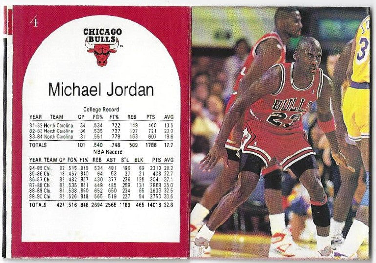 A vintage Chicago Bulls basketball trading card featuring Michael Jordan. The left side shows a red and white back with his name, team, and career statistics, while the right side shows a color action photo of Michael Jordan in a red Chicago Bulls jersey with the number 22 on the court.