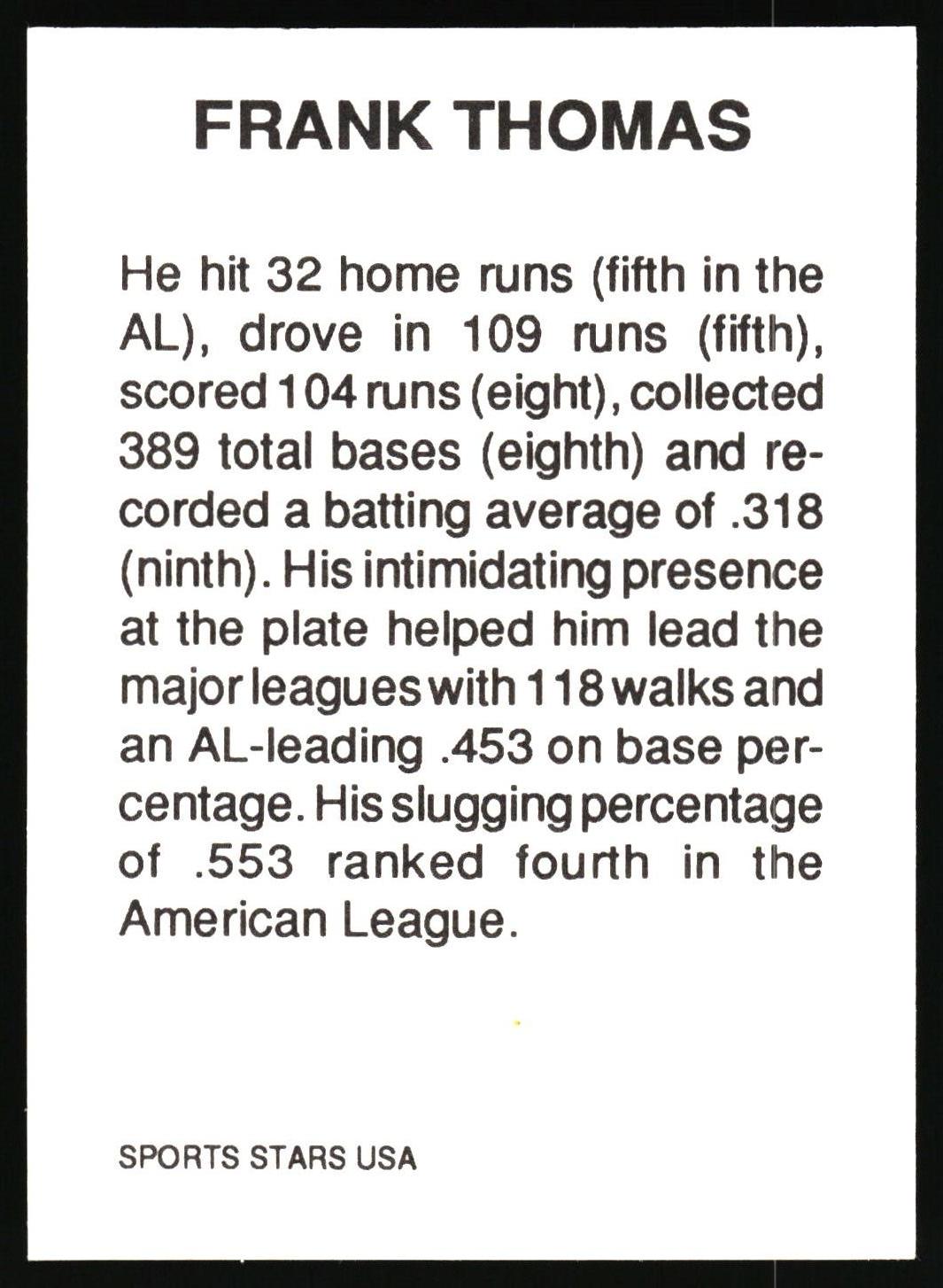 A black and white sports trading card featuring Frank Thomas, with his baseball career statistics printed in black text on a white background.