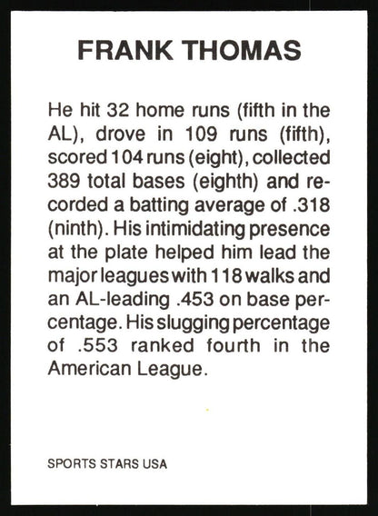 A black and white sports trading card featuring Frank Thomas, with his baseball career statistics printed in black text on a white background.