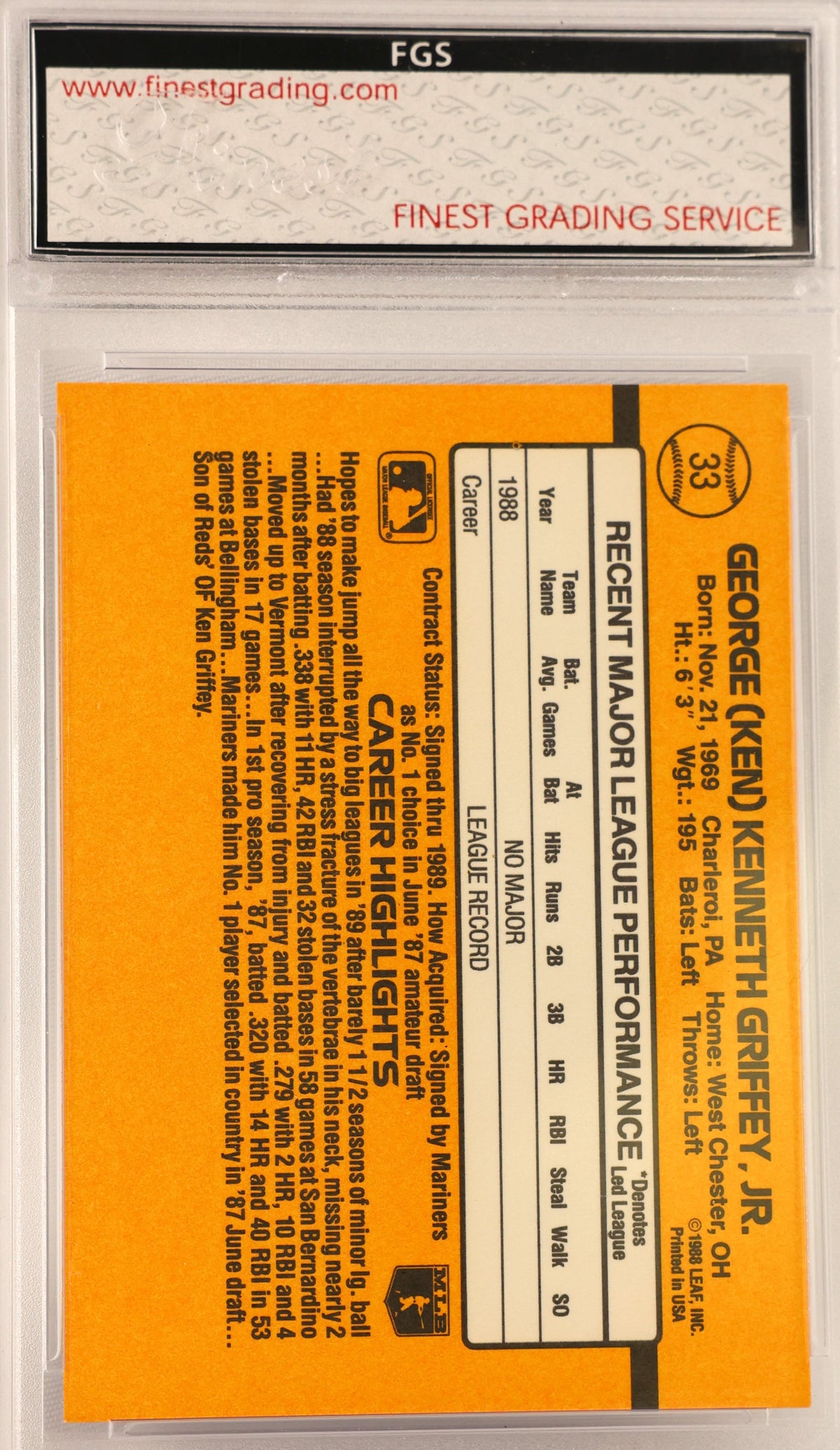 A vintage football trading card graded and encapsulated by FGS. The card features an orange background with black text and a white performance summary box, while the clear plastic holder has a black and white label at the top.