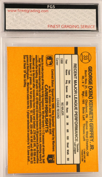 A vintage football trading card graded and encapsulated by FGS. The card features an orange background with black text and a white performance summary box, while the clear plastic holder has a black and white label at the top.