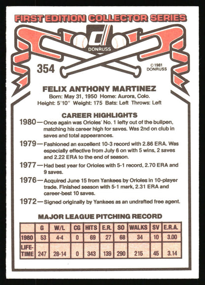 A vintage 1981 Donruss baseball trading card featuring Felix Anthony Martinez, with his career highlights and major league pitching record printed on a white card with red and black graphics.