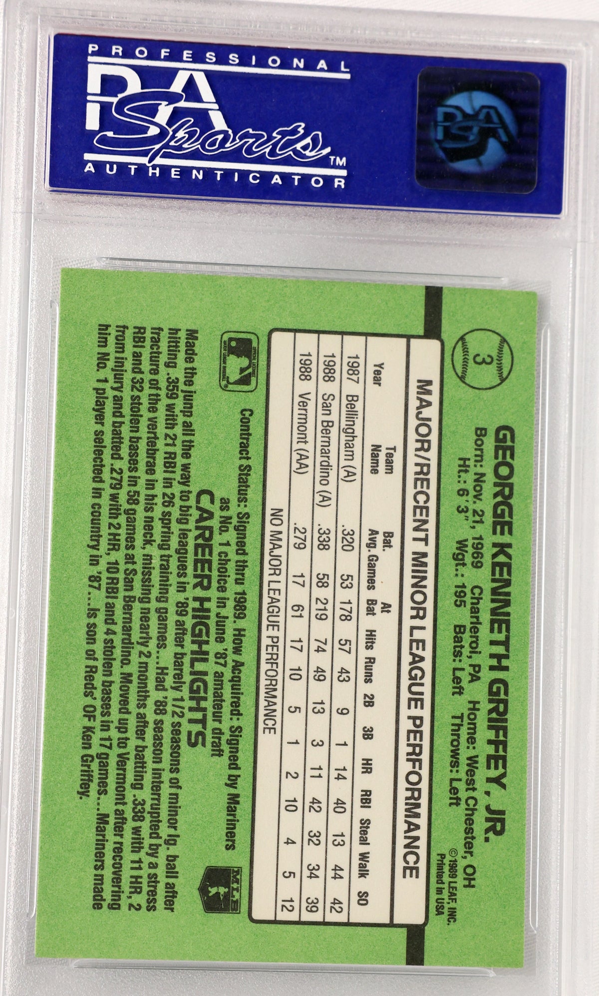 A collectible sports card of George Kenneth Griffey, Jr., with a green border asealed in a PSA Sports Authenticator protective case.d white text box showing player statistics.