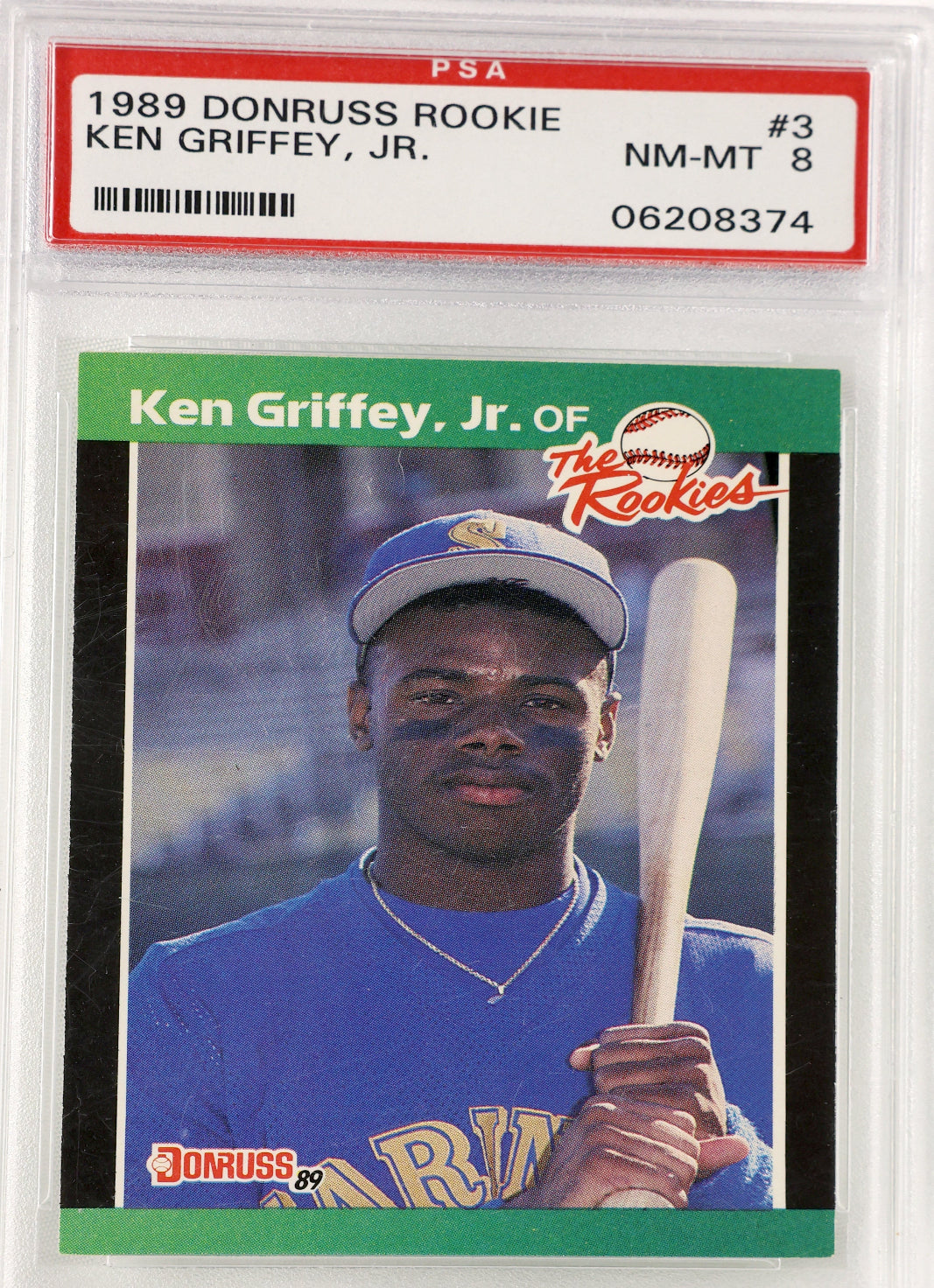 A PSA-graded 1989 Donruss Rookie baseball card of Ken Griffey, Jr., encapsulated in a clear plastic holder.