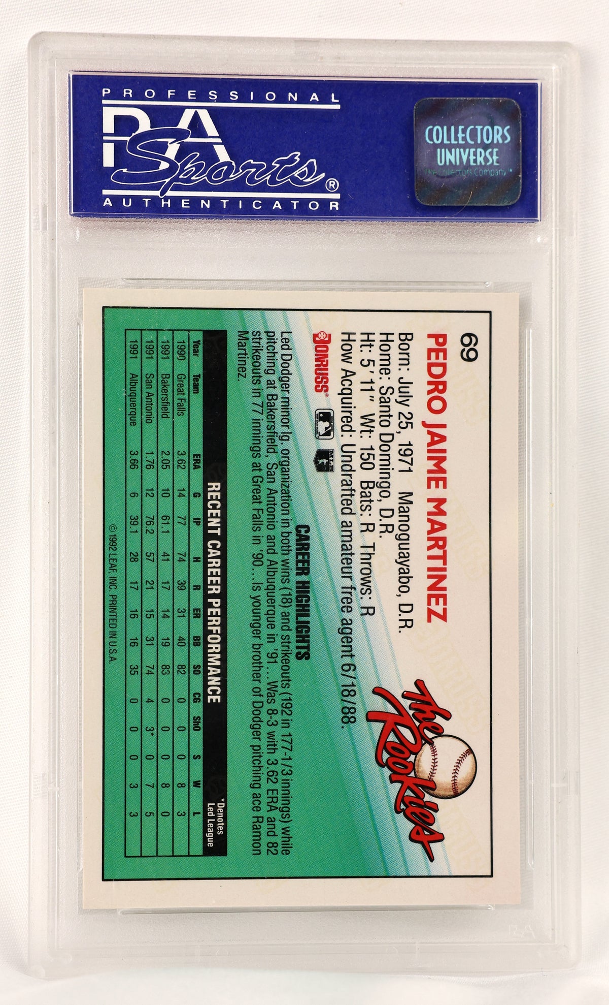 A baseball trading card of Pedro Jaime Martinez, PSA graded and encapsulated by Professional PSA Sports under the Collectors Universe brand.