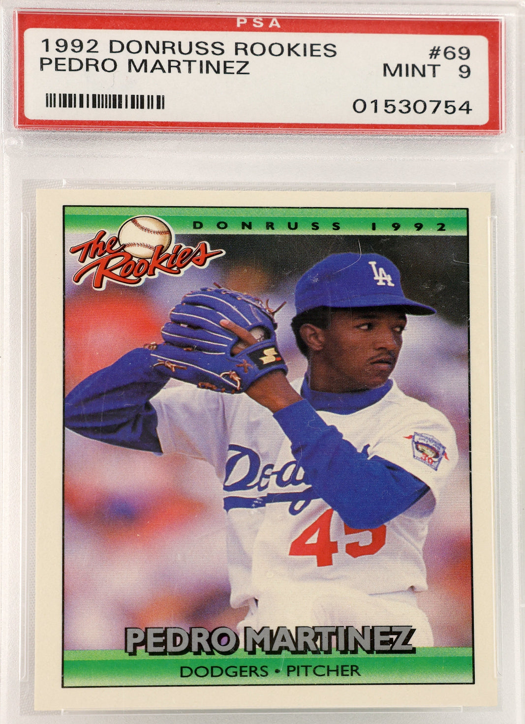 A PSA graded 1992 Donruss Pedro Martinez baseball card, sealed in a clear plastic grading holder. The card features Pedro Martinez in a white and blue Los Angeles Dodgers uniform, and the PSA label at the top is graded a Mint 9.