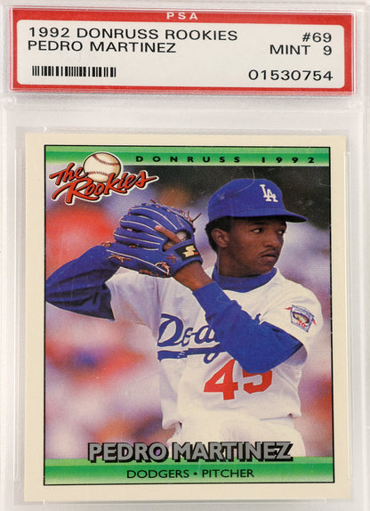 A PSA graded 1992 Donruss Pedro Martinez baseball card, sealed in a clear plastic grading holder. The card features Pedro Martinez in a white and blue Los Angeles Dodgers uniform, and the PSA label at the top is graded a Mint 9.