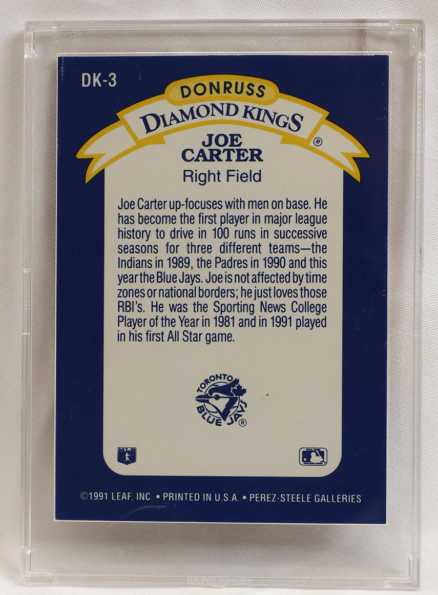 A vintage 1991 Donruss Diamond Kings Joe Carter baseball trading card, card number DK-3, displayed inside a clear protective plastic case on a white background.