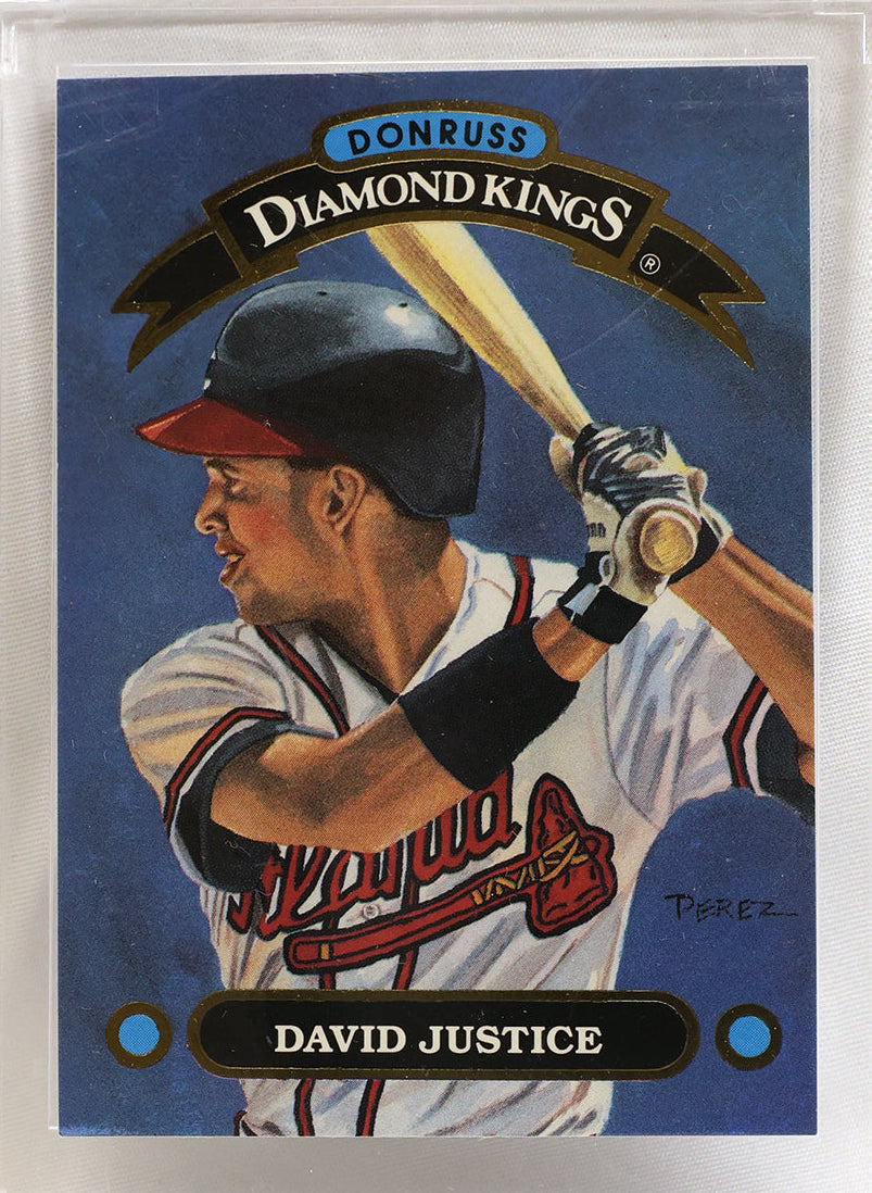 A Don Russ Diamond Kings baseball trading card featuring David Justice, sealed in a clear protective plastic case against a white background.