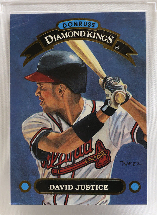 A Don Russ Diamond Kings baseball trading card featuring David Justice, sealed in a clear protective plastic case against a white background.