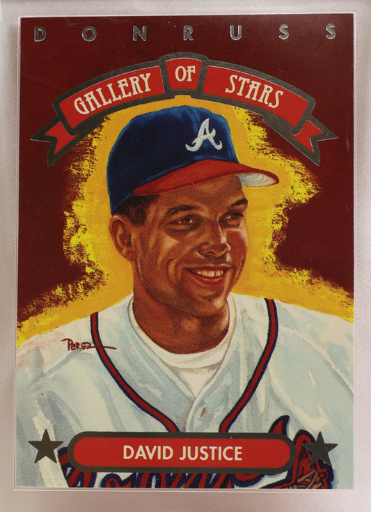A Donruss Gallery of Stars baseball card featuring David Justice, displayed inside a clear protective plastic case on a white background.